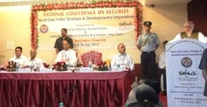 The Governor of Arunachal Pradesh Lt. Gen (Retd) Nirbhay Sharma delivering the key note address in the inaugural session of two-day National Conference on Northeast India: Strategic and Developmental imperatives at Guwahati:15/07/2013